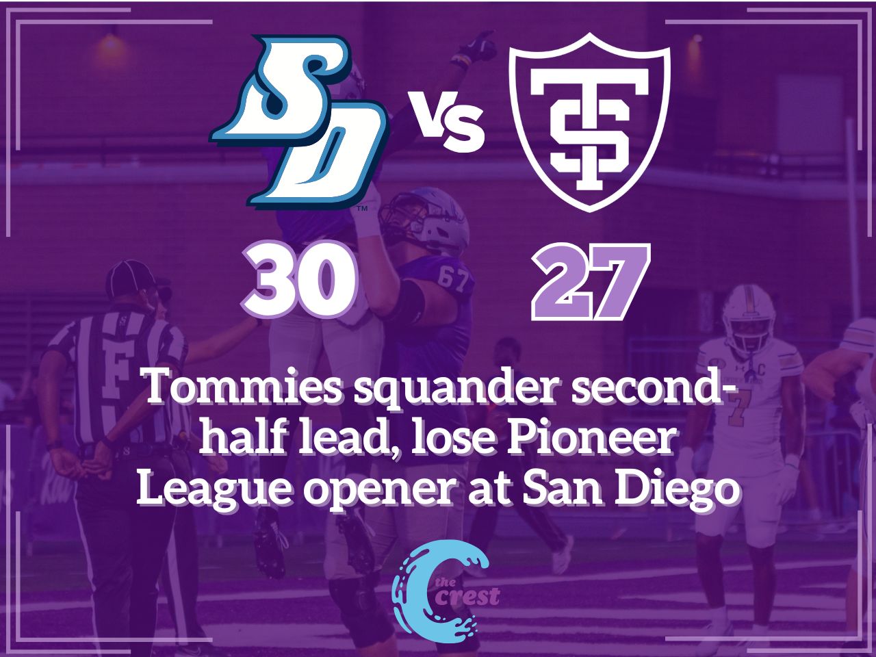 Tommies squander second-half lead, lose Pioneer League opener at San Diego 30-27